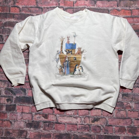 Vintage 90s Noah's Ark Sweatshirt XL White Religion Graphic Pullover Jesus - Picture 1 of 6